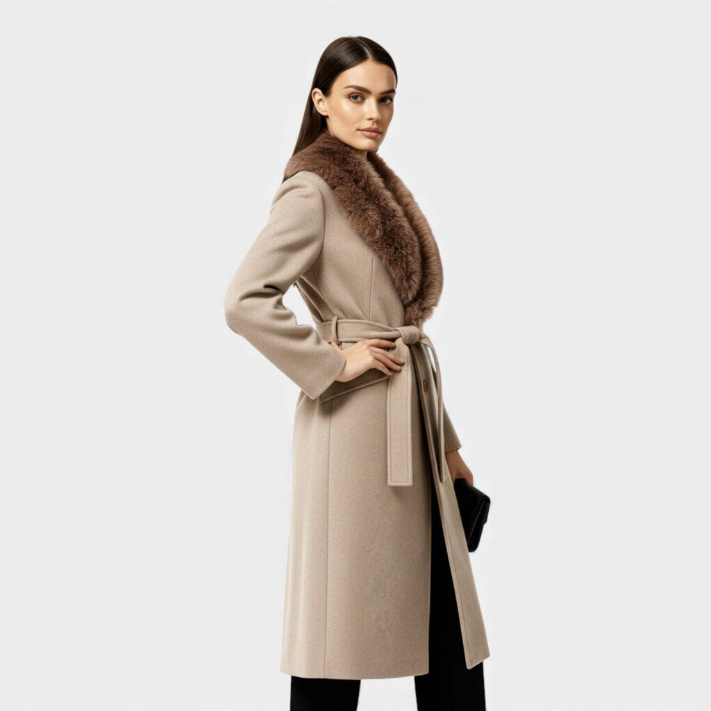 Women's Faux Fur Collar Belted Winter Coat - Long Warm Outerwear for Cold Weather