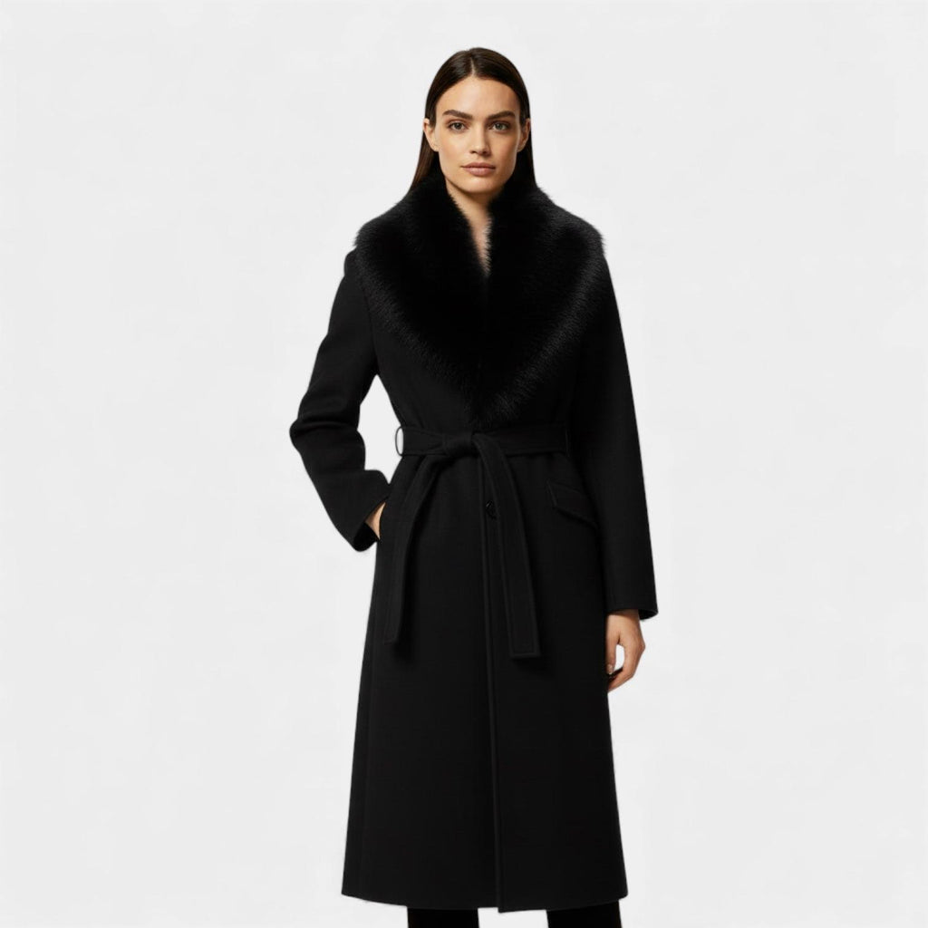 Women's Faux Fur Collar Belted Winter Coat - Long Warm Outerwear for Cold Weather