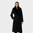 Women's Faux Fur Collar Belted Winter Coat - Long Warm Outerwear for Cold Weather