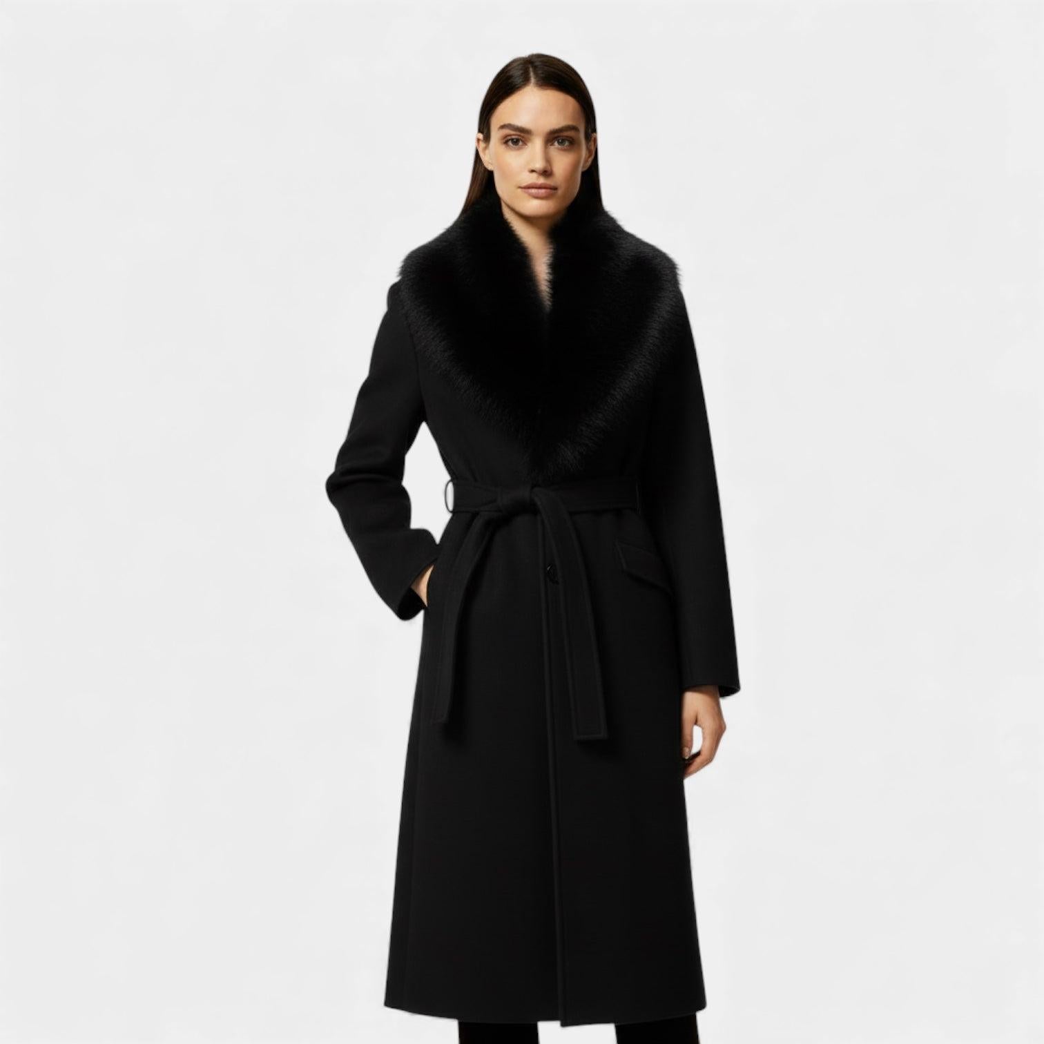 Women's Faux Fur Collar Belted Winter Coat - Long Warm Outerwear for Cold Weather