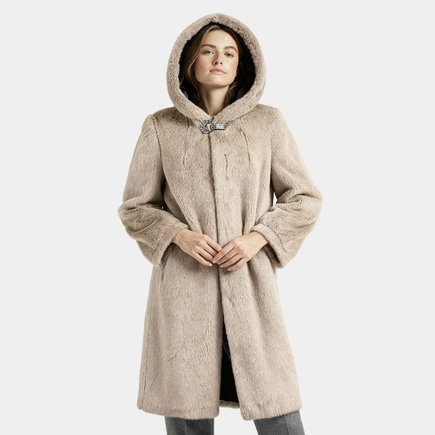 Women's Hooded Faux Mink Fur Long Coat - Stylish Winter Outerwear for Cold Weather
