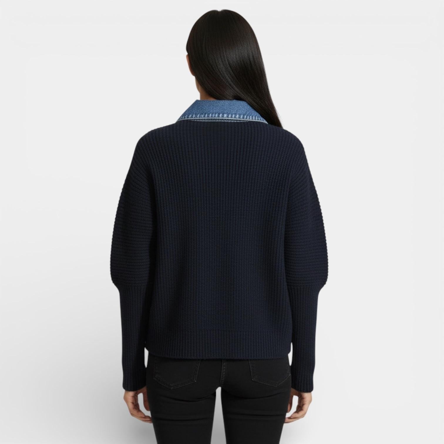 Women's Knit Cardigan with Denim Collar - Button Front Casual Jacket for Everyday Wear