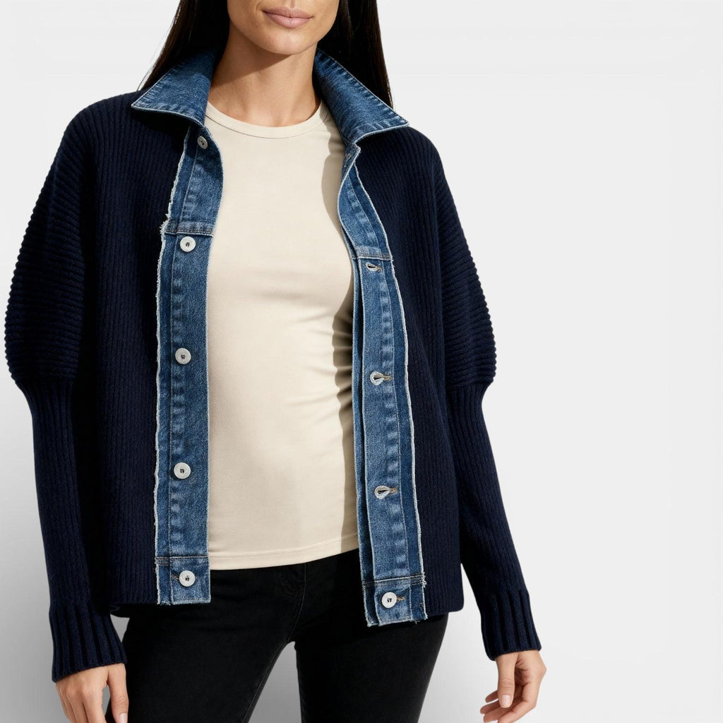 Women's Knit Cardigan with Denim Collar - Button Front Casual Jacket for Everyday Wear