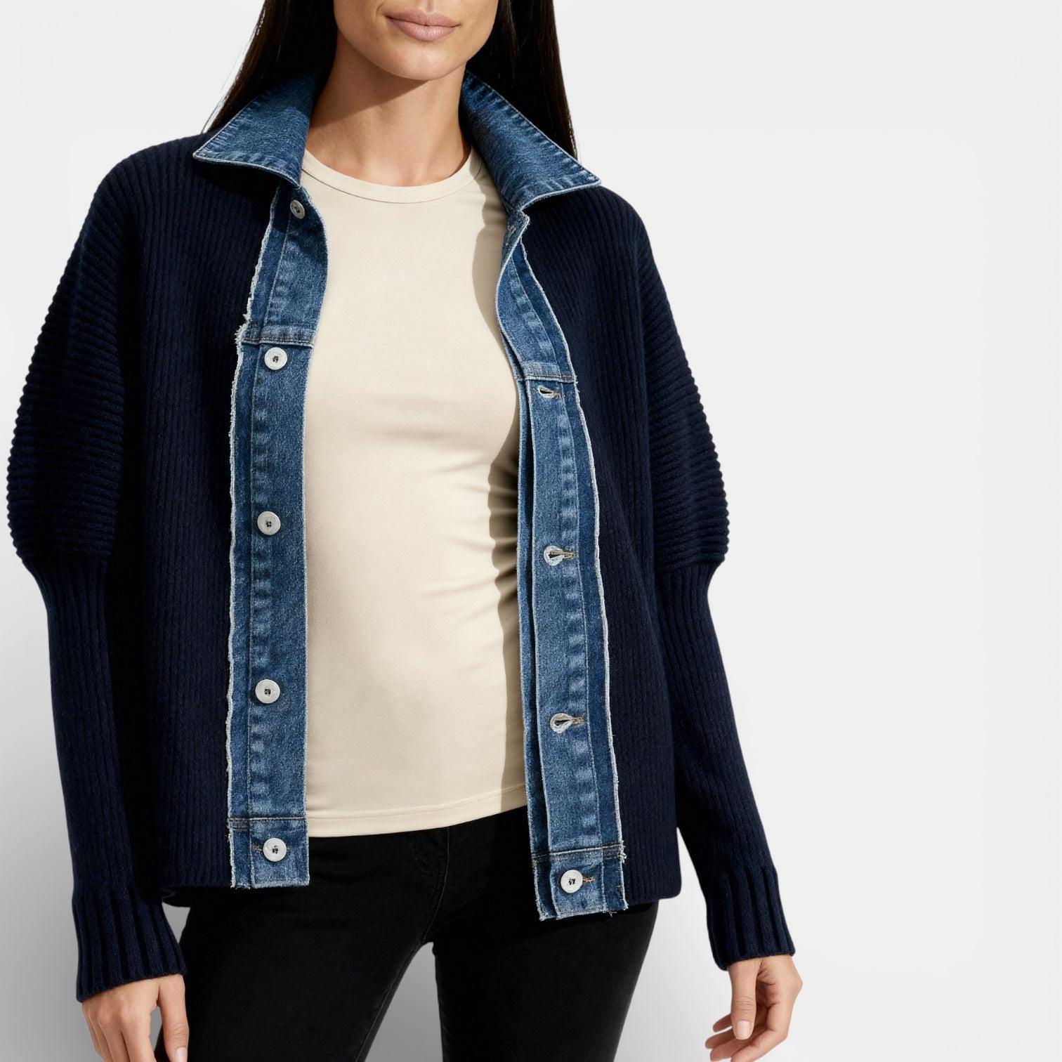 Women's Knit Cardigan with Denim Collar - Button Front Casual Jacket for Everyday Wear
