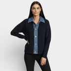 Women's Knit Cardigan with Denim Collar - Button Front Casual Jacket for Everyday Wear