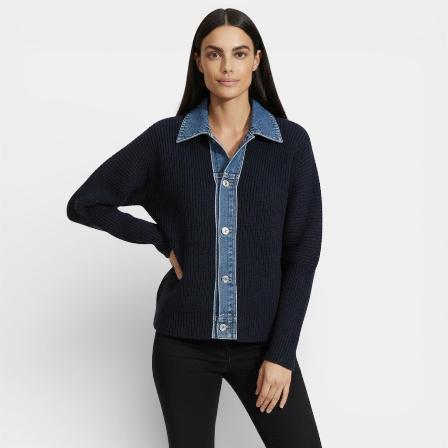 Women's Knit Cardigan with Denim Collar - Button Front Casual Jacket for Everyday Wear