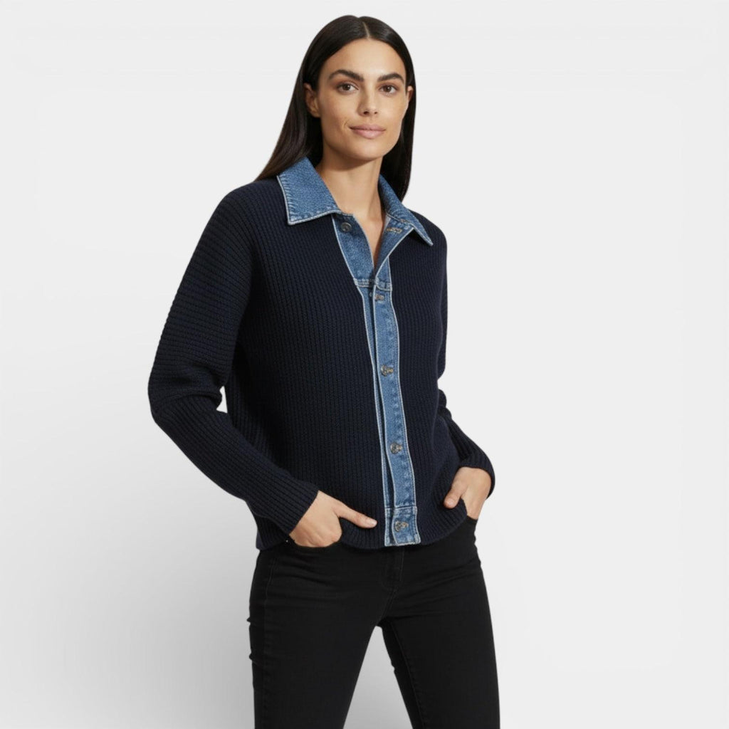 Women's Knit Cardigan with Denim Collar - Button Front Casual Jacket for Everyday Wear
