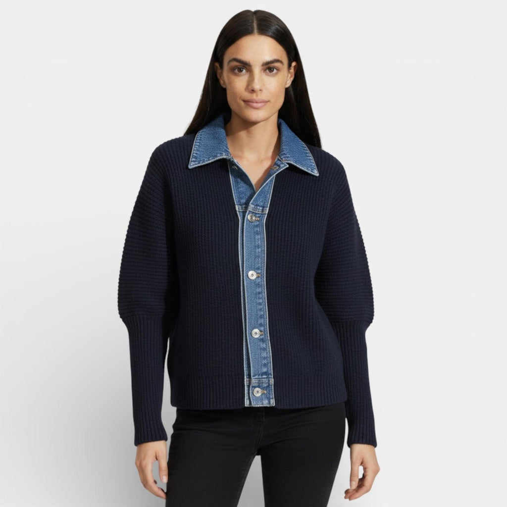Women's Knit Cardigan with Denim Collar - Button Front Casual Jacket for Everyday Wear