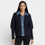 Women's Knit Cardigan with Denim Collar - Button Front Casual Jacket for Everyday Wear