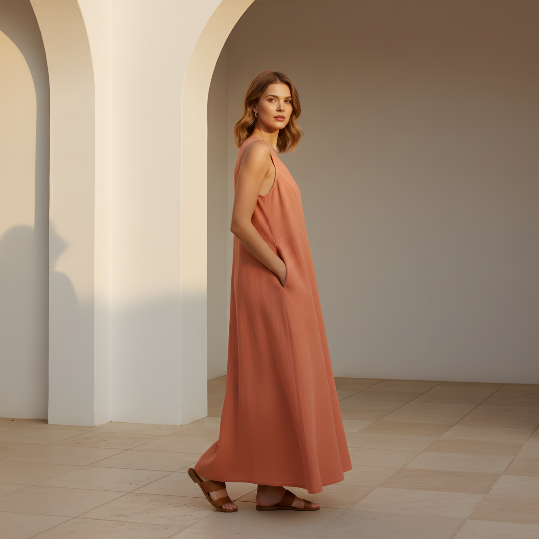 Women's Linen Dress - White Relaxed Fit Summer Style for Casual Wear
