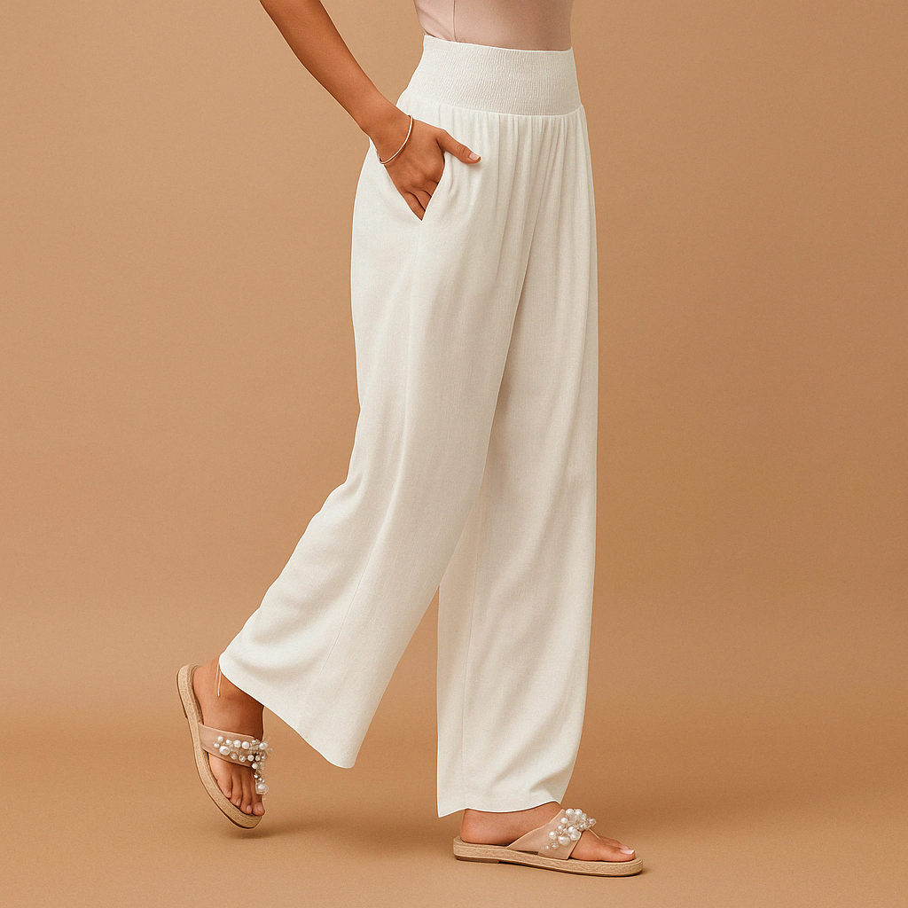Women's Linen Trousers - Elastic Waist, Straight Leg - Casual Everyday Wear