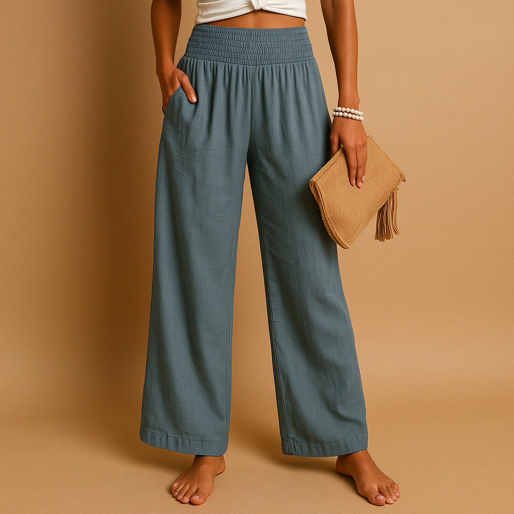 Women's Linen Trousers - Elastic Waist, Straight Leg - Casual Everyday Wear