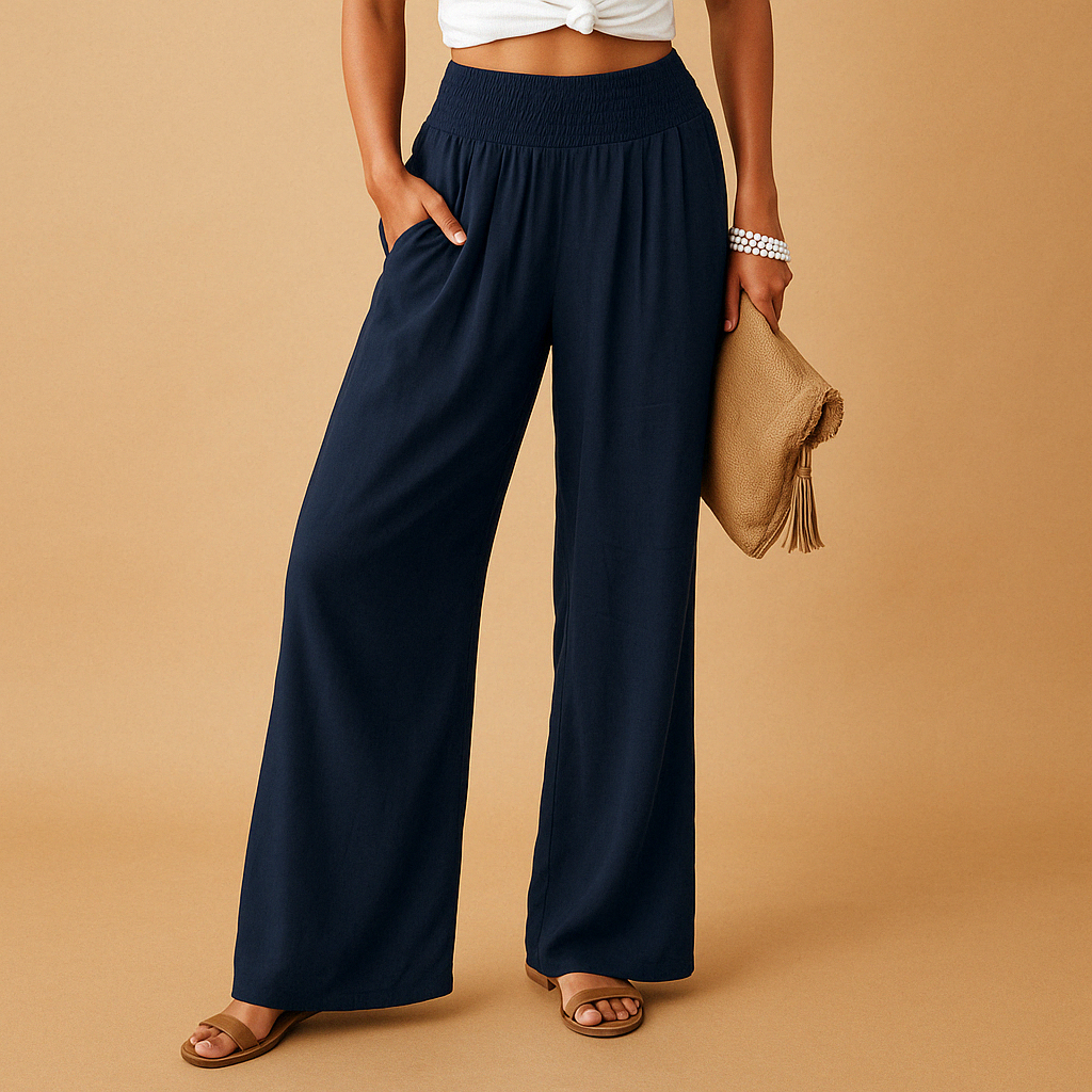 Women's Linen Trousers - Elastic Waist, Straight Leg - Casual Everyday Wear