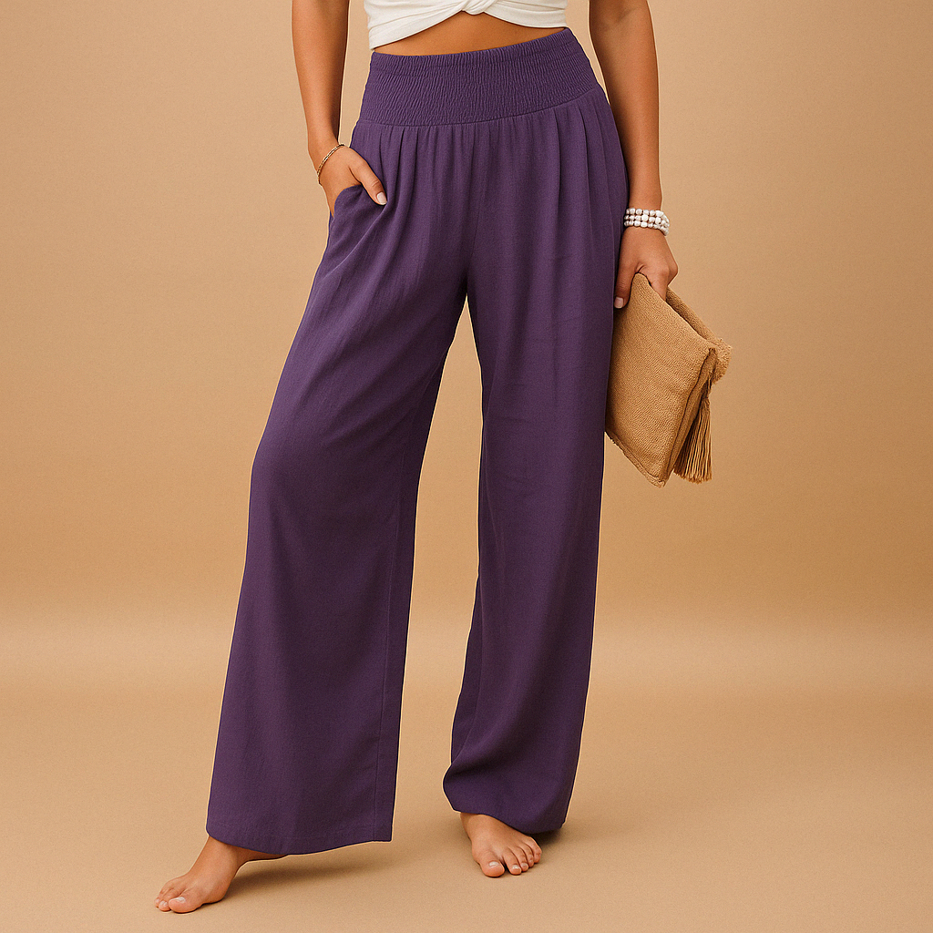 Women's Linen Trousers - Elastic Waist, Straight Leg - Casual Everyday Wear