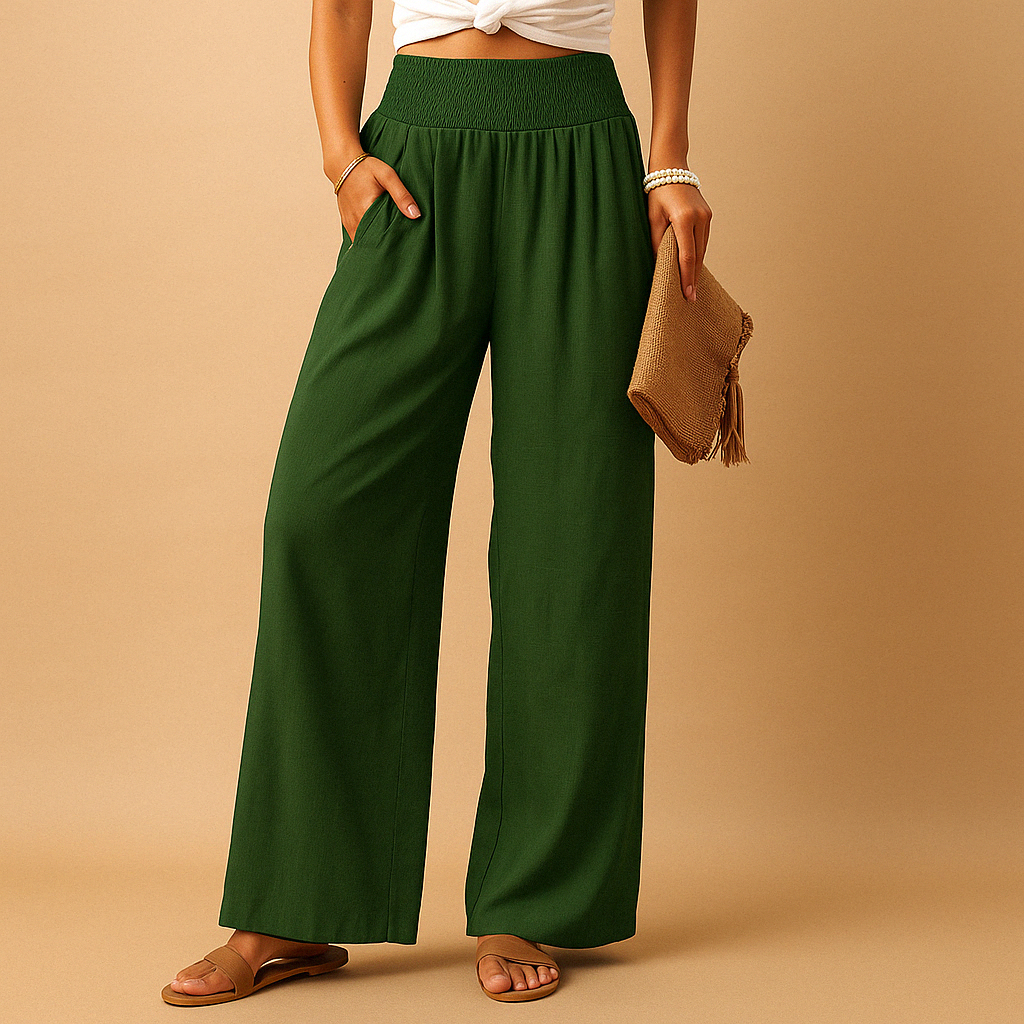 Women's Linen Trousers - Elastic Waist, Straight Leg - Casual Everyday Wear
