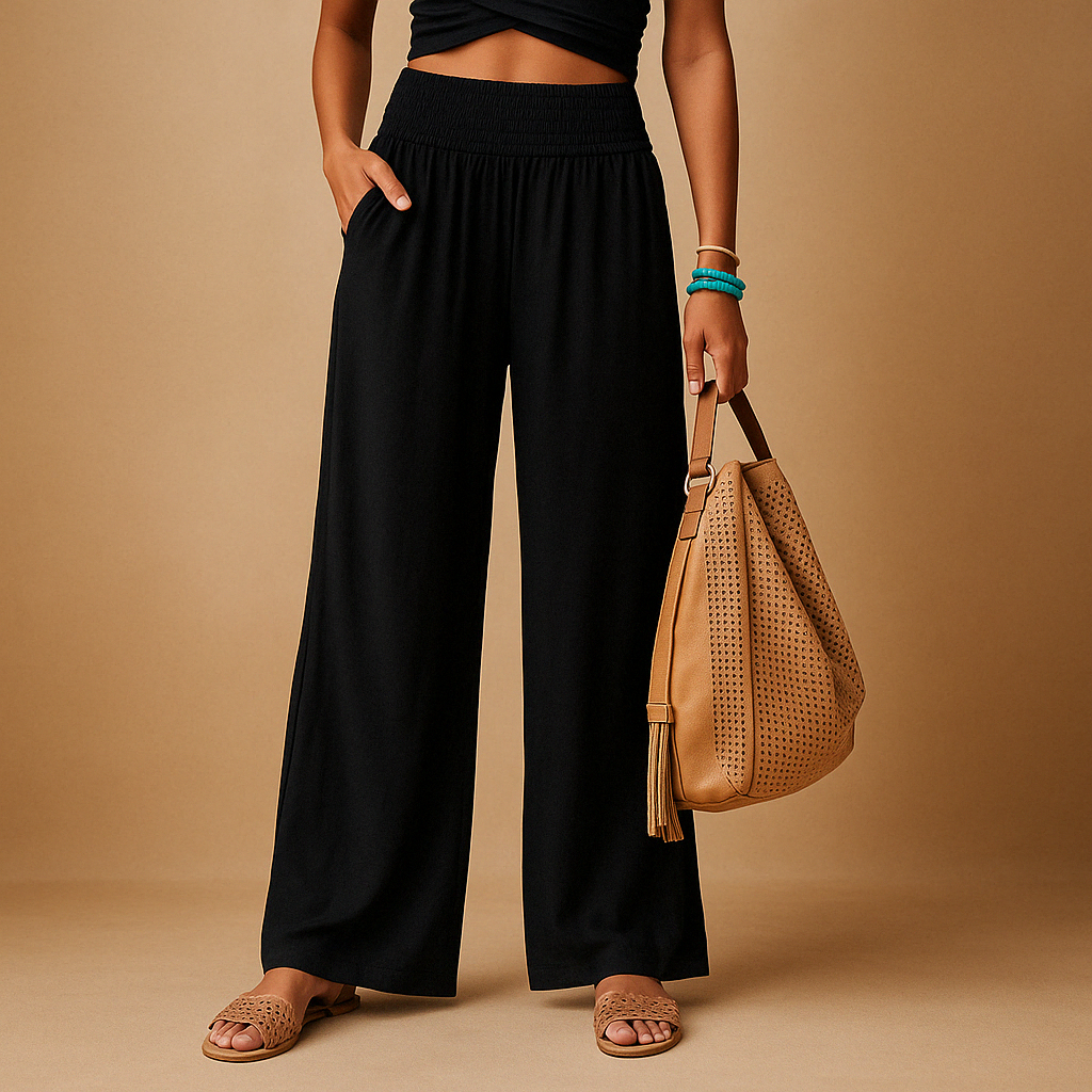 Women's Linen Trousers - Elastic Waist, Straight Leg - Casual Everyday Wear