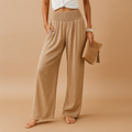Women's Linen Trousers - Elastic Waist, Straight Leg - Casual Everyday Wear