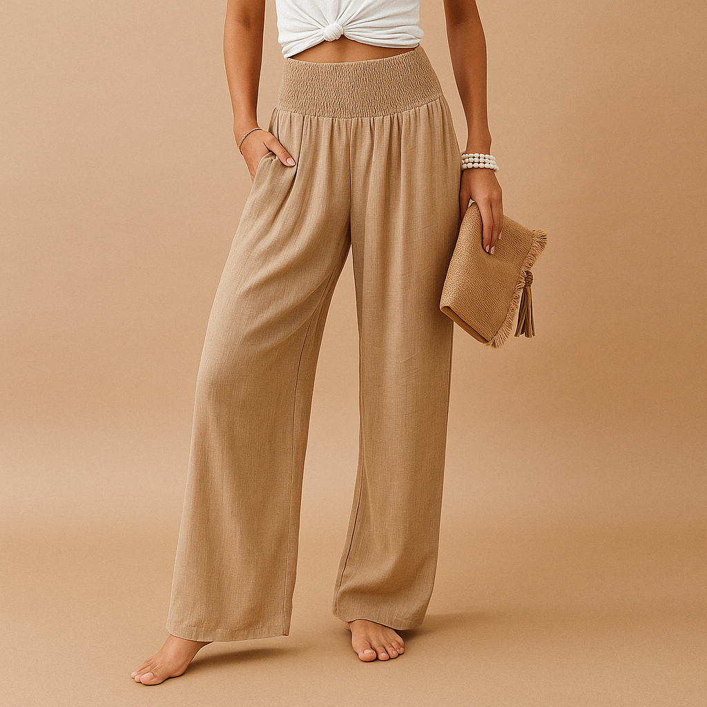 Women's Linen Trousers - Elastic Waist, Straight Leg - Casual Everyday Wear