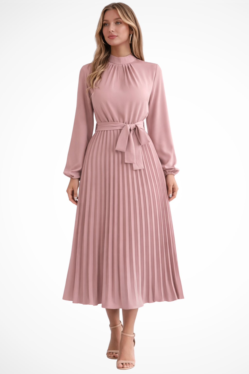 Women's Pleated Midi Dress with Belt - Long Sleeve, Elegant Style for Casual Wear