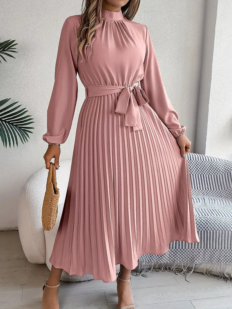 Women's Pleated Midi Dress with Belt - Long Sleeve, Elegant Style for Casual Wear