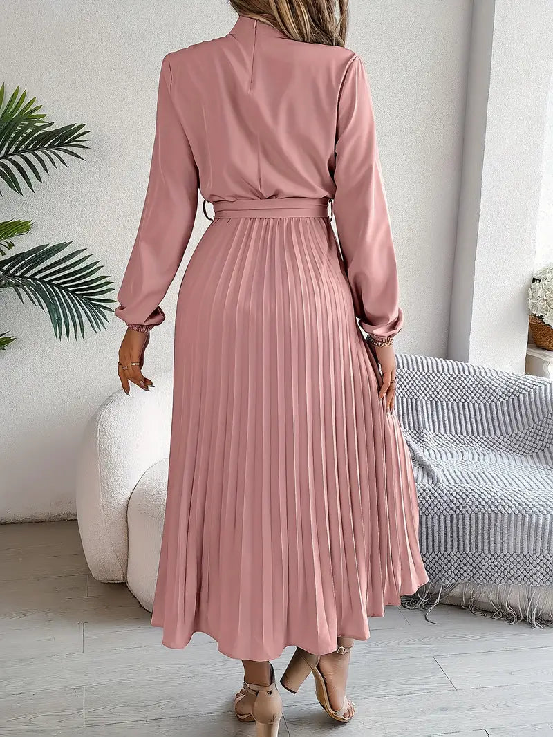 Women's Pleated Midi Dress with Belt - Long Sleeve, Elegant Style for Casual Wear