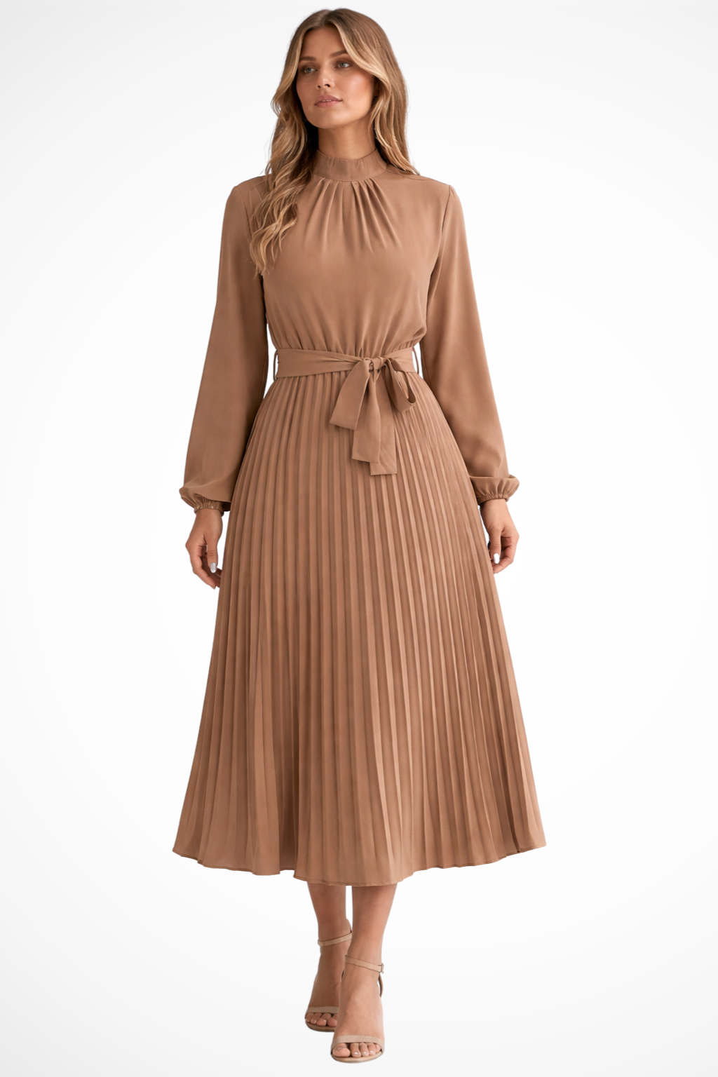 Women's Pleated Midi Dress with Belt - Long Sleeve, Elegant Style for Casual Wear