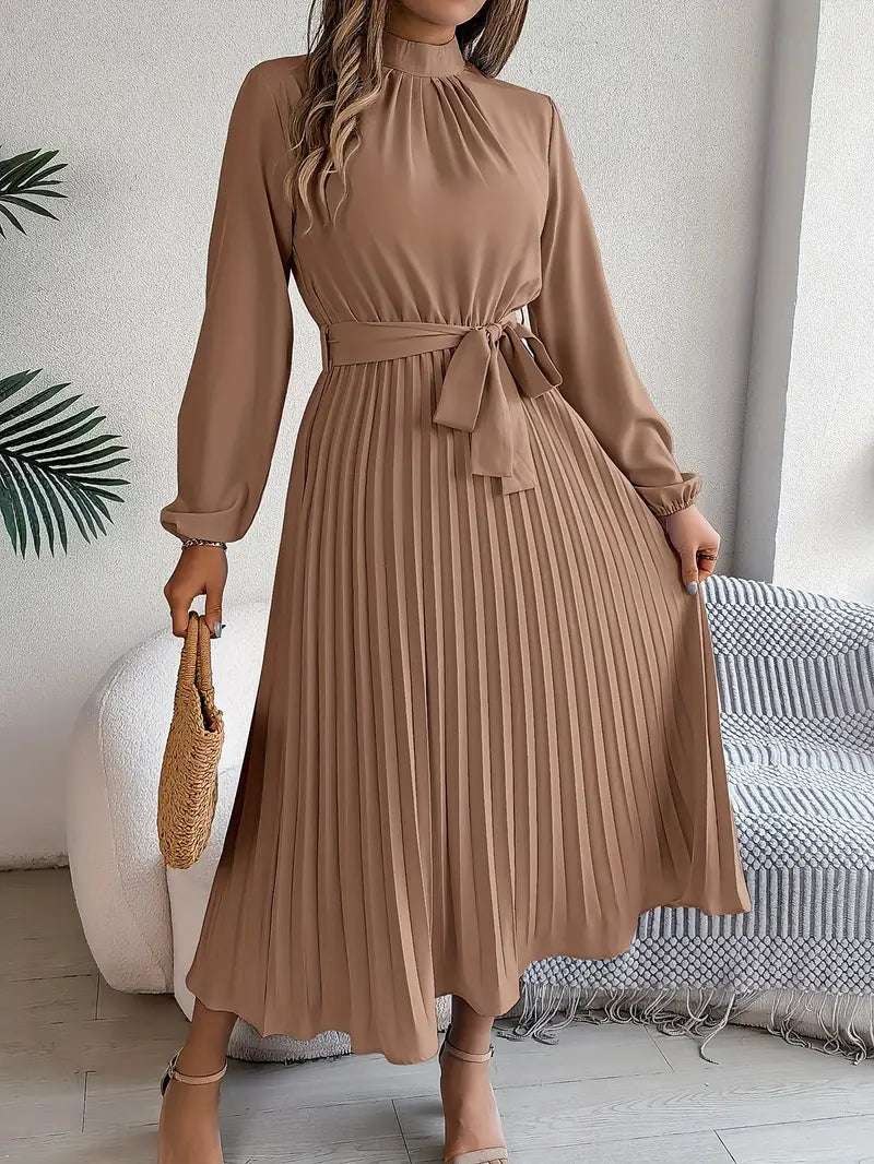 Women's Pleated Midi Dress with Belt - Long Sleeve, Elegant Style for Casual Wear