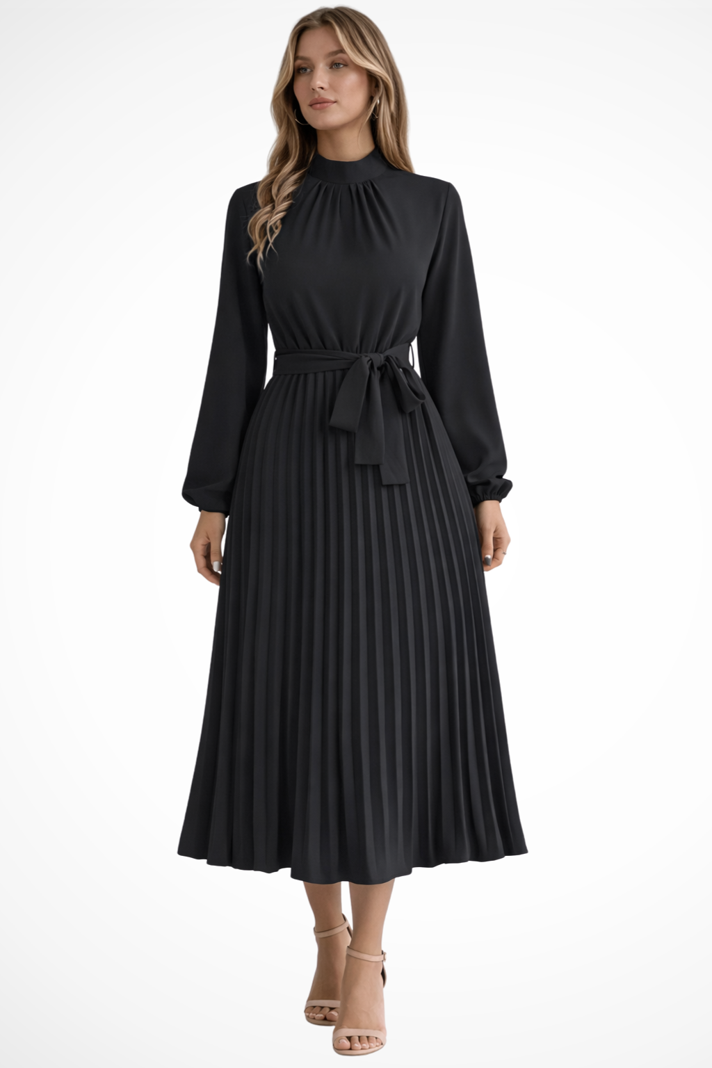 Women's Pleated Midi Dress with Belt - Long Sleeve, Elegant Style for Casual Wear
