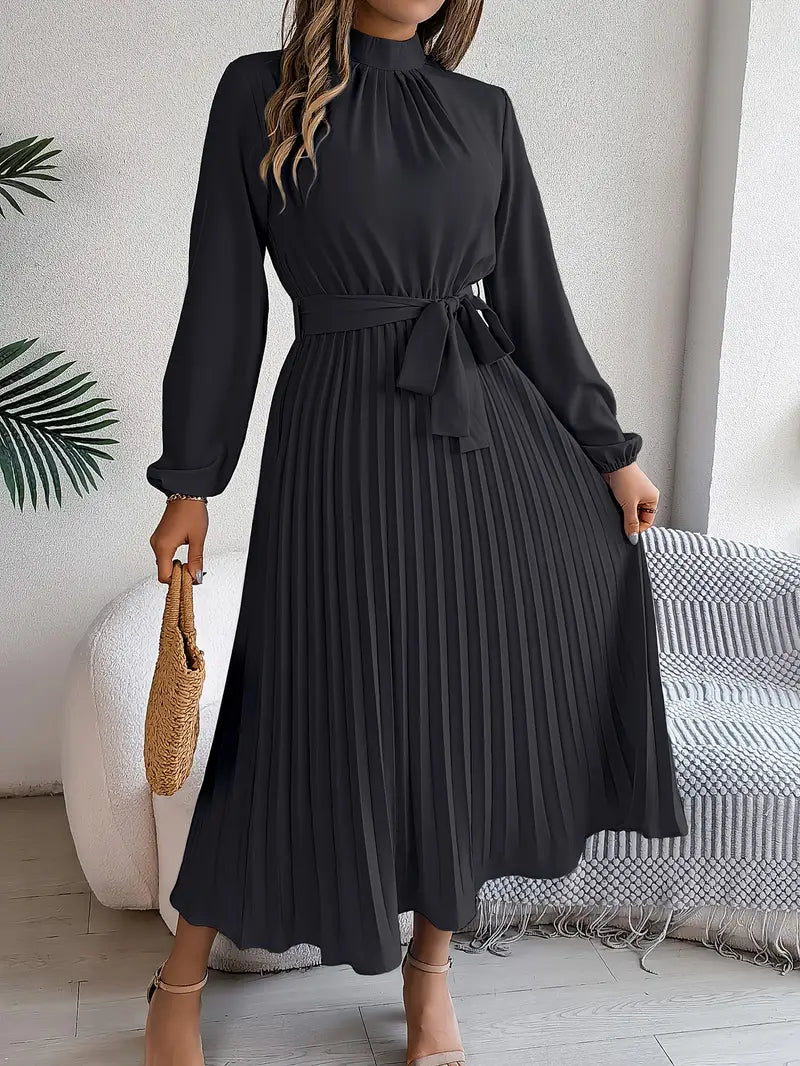 Women's Pleated Midi Dress with Belt - Long Sleeve, Elegant Style for Casual Wear