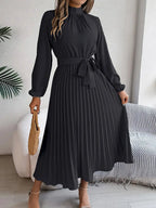 Women's Pleated Midi Dress with Belt - Long Sleeve, Elegant Style for Casual Wear