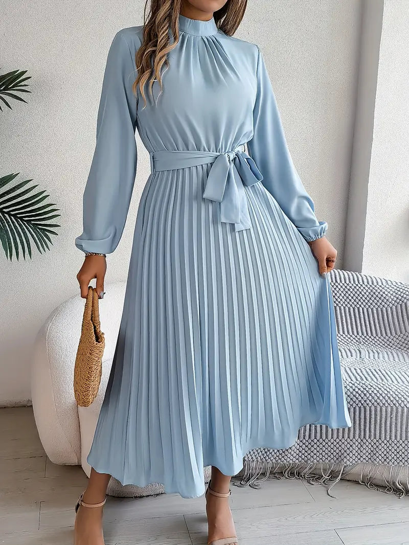 Women's Pleated Midi Dress with Belt - Long Sleeve, Elegant Style for Casual Wear