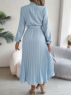 Women's Pleated Midi Dress with Belt - Long Sleeve, Elegant Style for Casual Wear
