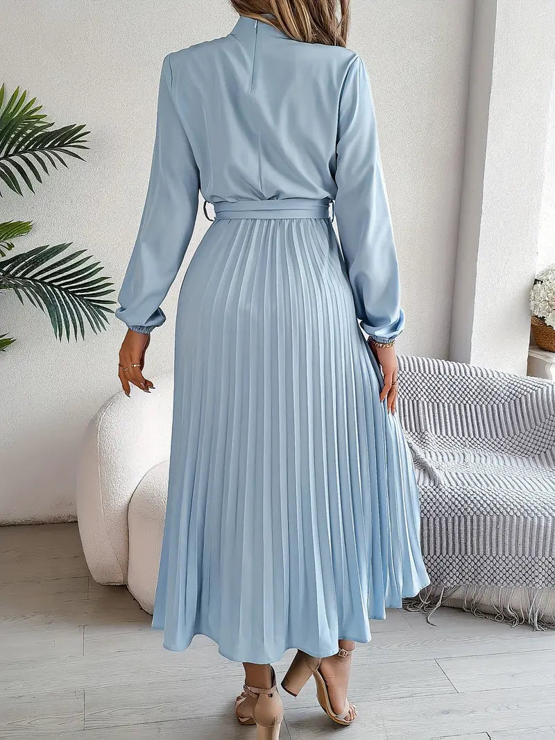 Women's Pleated Midi Dress with Belt - Long Sleeve, Elegant Style for Casual Wear