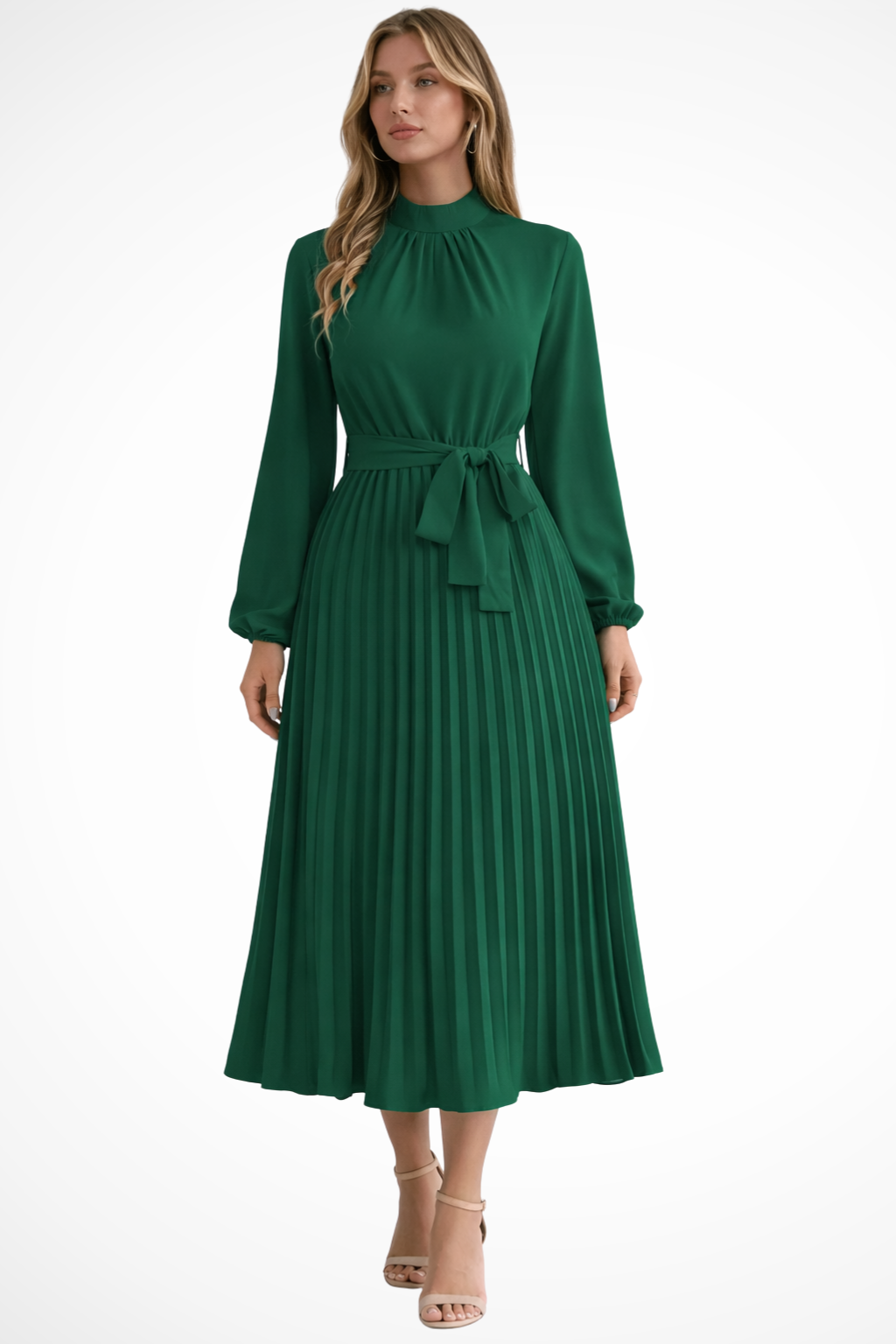 Women's Pleated Midi Dress with Belt - Long Sleeve, Elegant Style for Casual Wear