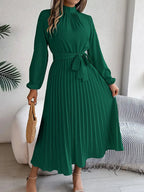 Women's Pleated Midi Dress with Belt - Long Sleeve, Elegant Style for Casual Wear