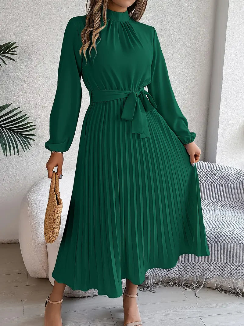 Women's Pleated Midi Dress with Belt - Long Sleeve, Elegant Style for Casual Wear