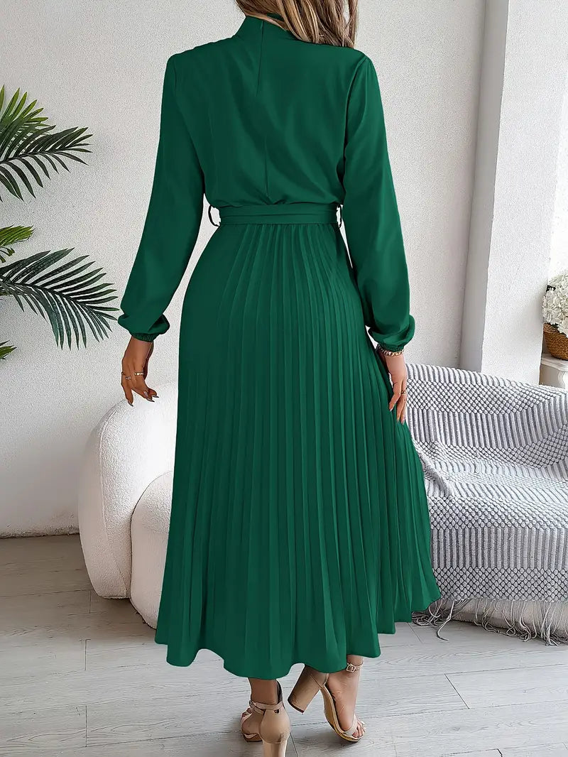 Women's Pleated Midi Dress with Belt - Long Sleeve, Elegant Style for Casual Wear