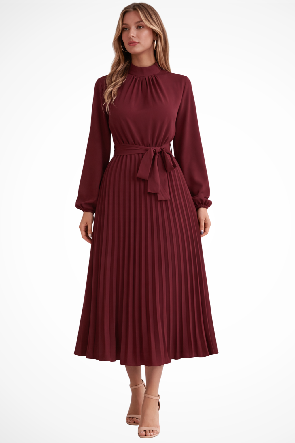 Women's Pleated Midi Dress with Belt - Long Sleeve, Elegant Style for Casual Wear