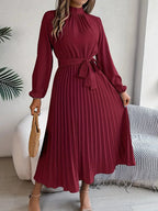 Women's Pleated Midi Dress with Belt - Long Sleeve, Elegant Style for Casual Wear