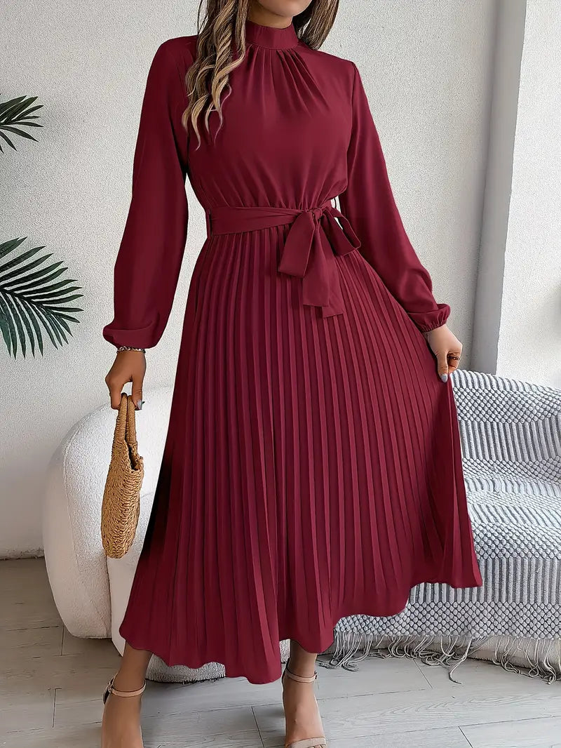 Women's Pleated Midi Dress with Belt - Long Sleeve, Elegant Style for Casual Wear