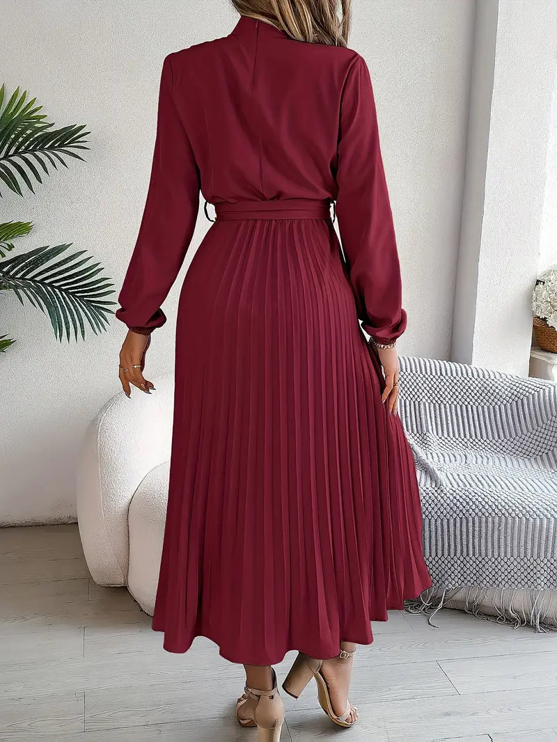 Women's Pleated Midi Dress with Belt - Long Sleeve, Elegant Style for Casual Wear