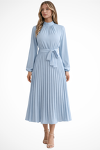 Women's Pleated Midi Dress with Belt - Long Sleeve, Elegant Style for Casual Wear