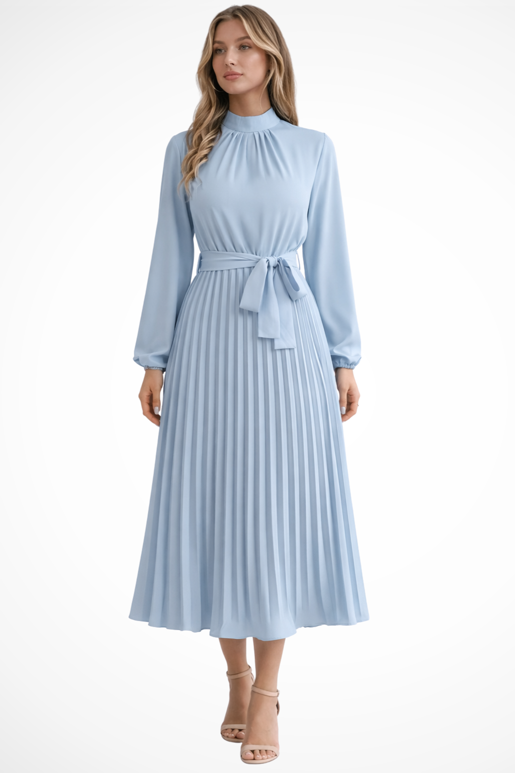 Women's Pleated Midi Dress with Belt - Long Sleeve, Elegant Style for Casual Wear