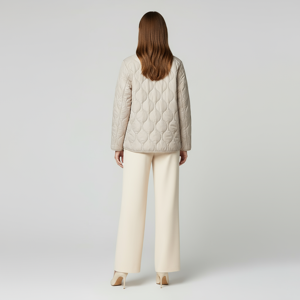 Women's Quilted Jacket - Round Neck, Patch Pockets - Lightweight Outerwear for Casual Wear
