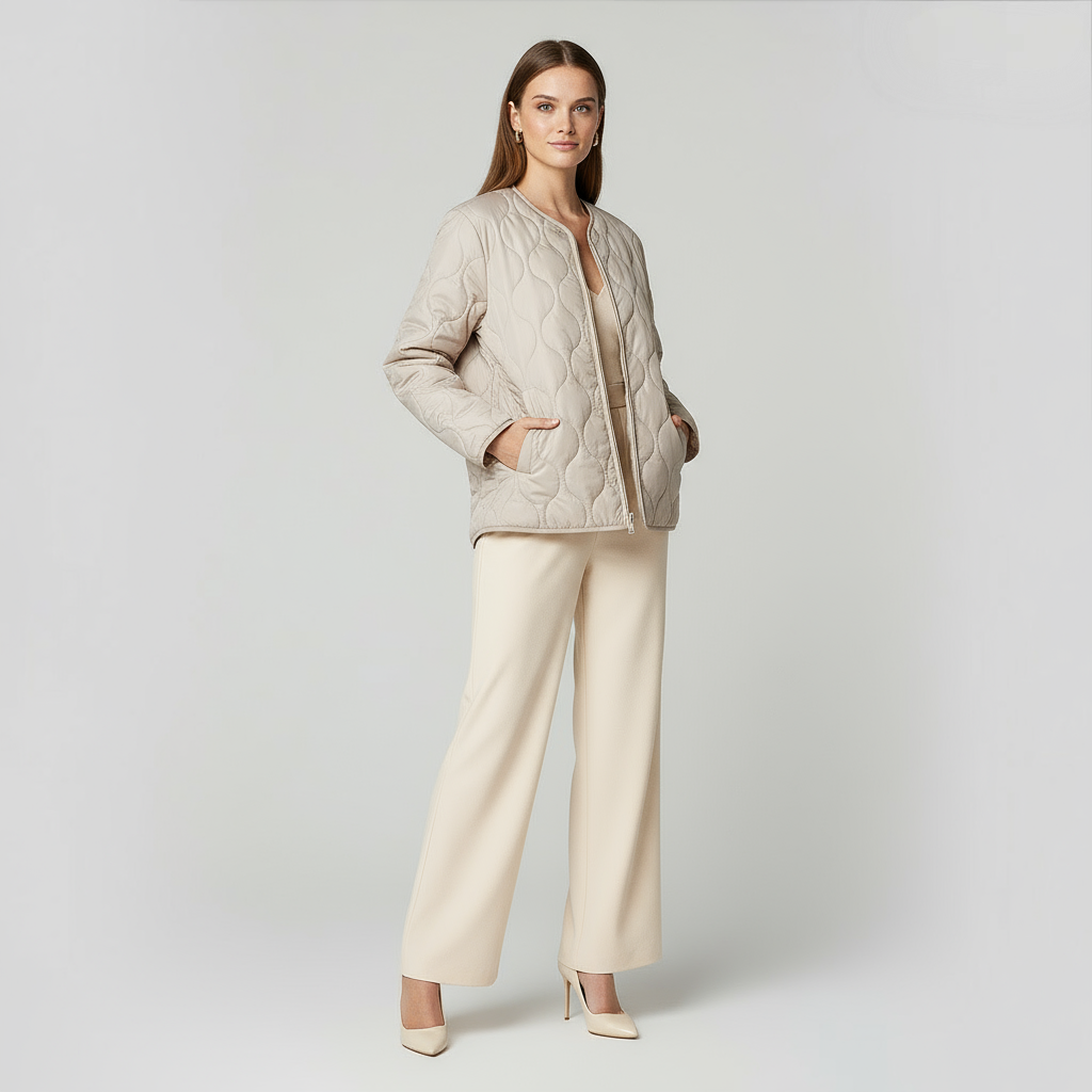 Women's Quilted Jacket - Round Neck, Patch Pockets - Lightweight Outerwear for Casual Wear