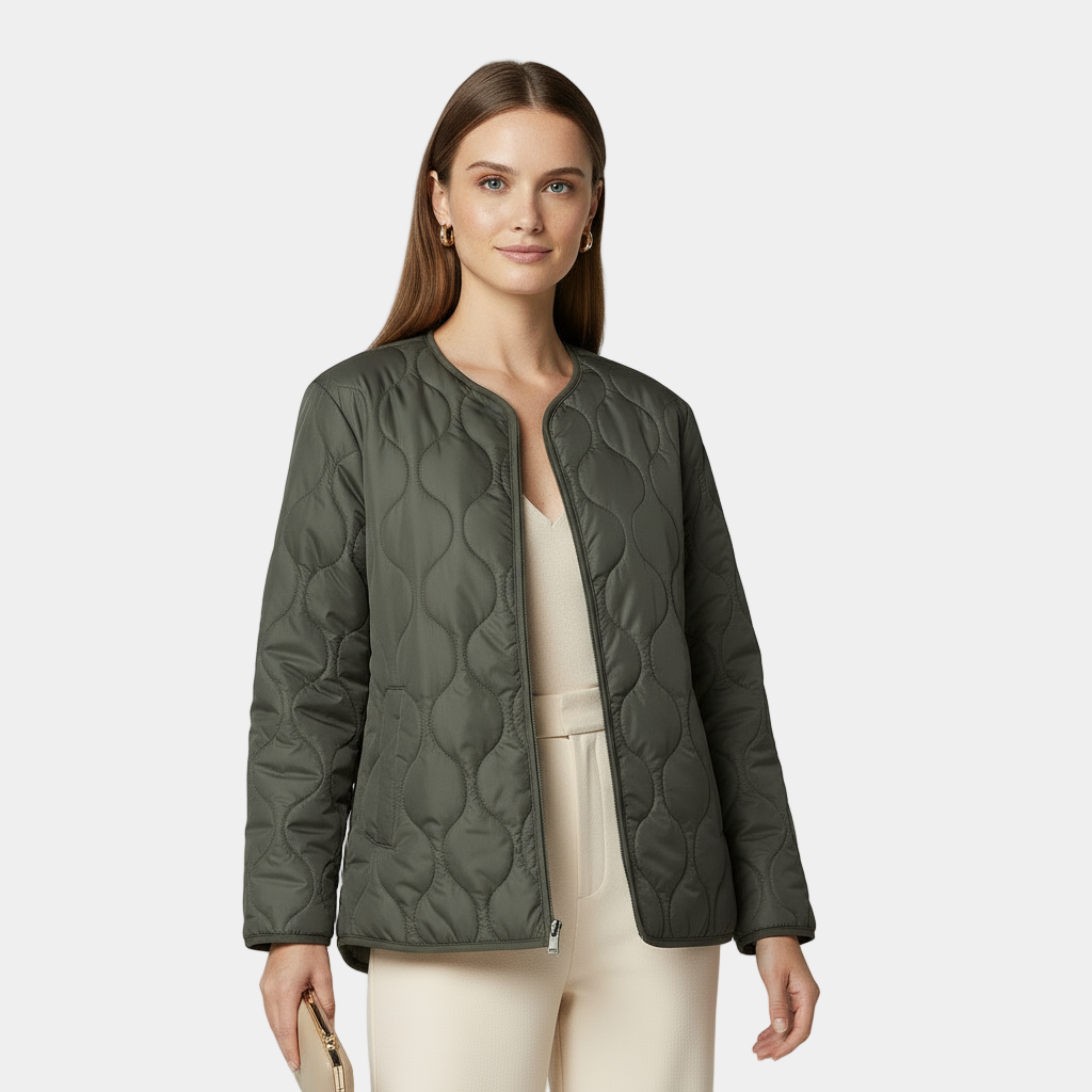 Women's Quilted Jacket - Round Neck, Patch Pockets - Lightweight Outerwear for Casual Wear