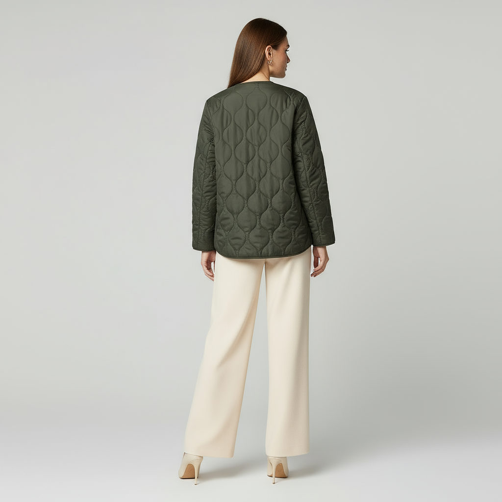 Women's Quilted Jacket - Round Neck, Patch Pockets - Lightweight Outerwear for Casual Wear