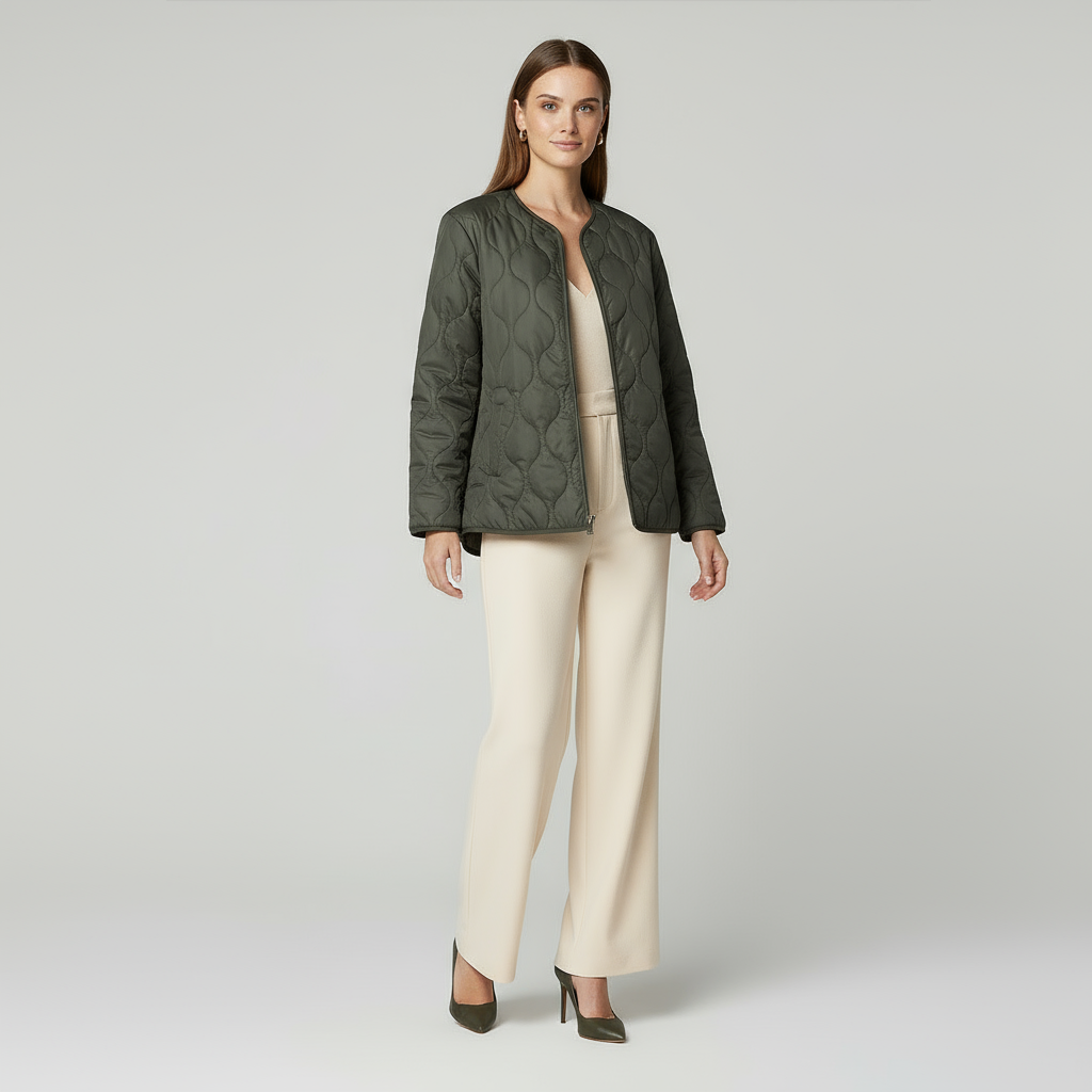 Women's Quilted Jacket - Round Neck, Patch Pockets - Lightweight Outerwear for Casual Wear
