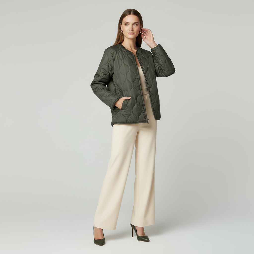 Women's Quilted Jacket - Round Neck, Patch Pockets - Lightweight Outerwear for Casual Wear