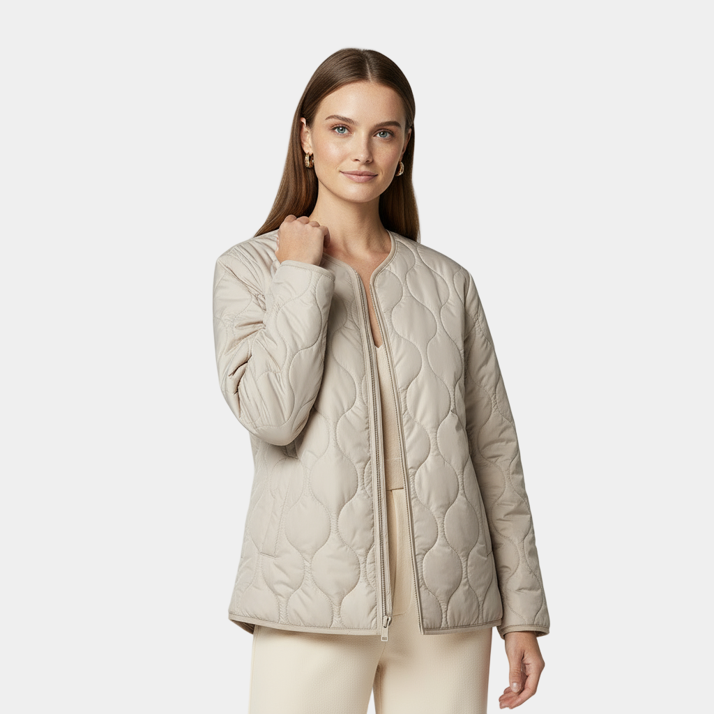 Women's Quilted Jacket - Round Neck, Patch Pockets - Lightweight Outerwear for Casual Wear
